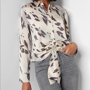 Express Cheetah Print Satin Tie Front Portofino Shirt